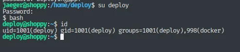 su deploy y su id: pertenece al grupo docker (gid 998)