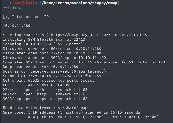 nmap -p-: 22, 80 y 9093 abiertos, todos con ttl 63