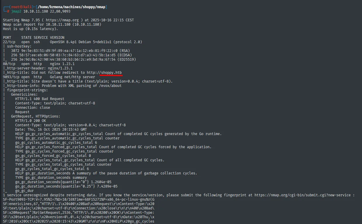 nmap -sCV: OpenSSH, nginx 1.23.1 (shoppy.htb) y un HTTP en Go en el 9093