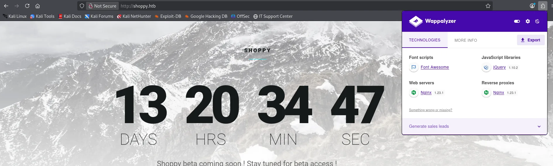 Wappalyzer detecta Nginx 1.23.1 como servidor web y también como proxy inverso, jQuery 1.10.2 y Font Awesome