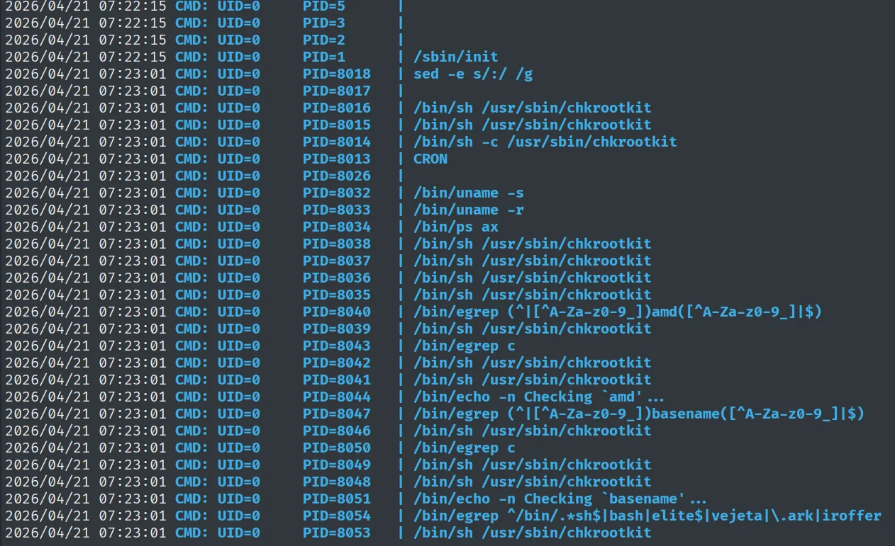 pspy32 mostrando procesos UID=0 lanzando /usr/sbin/chkrootkit desde CRON