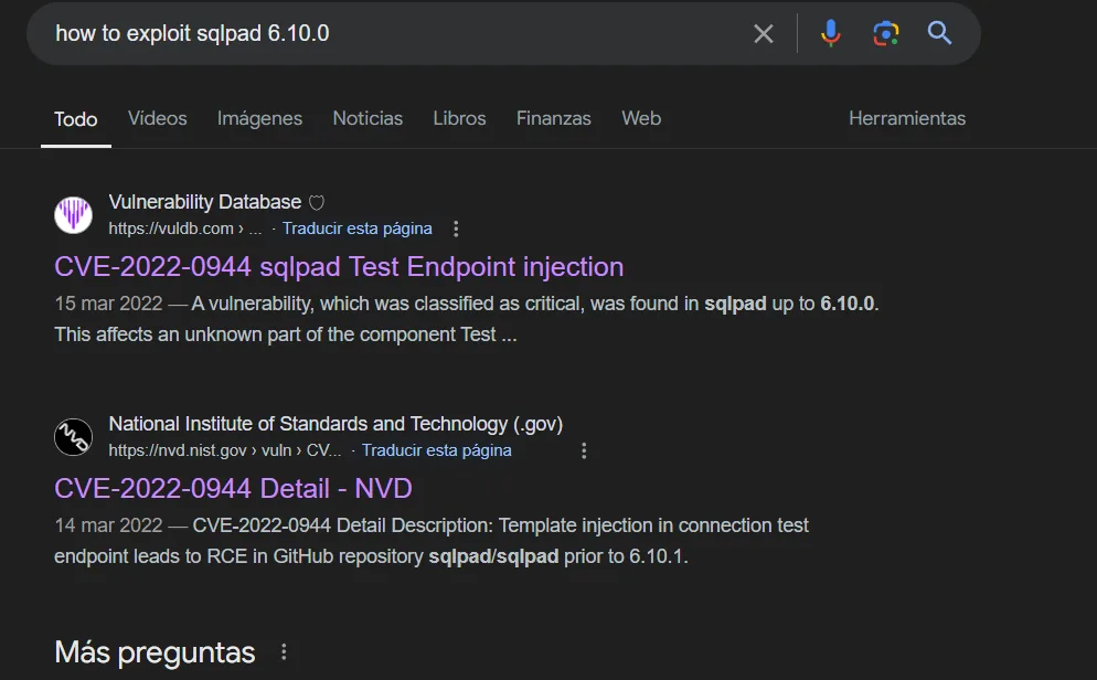 Búsqueda de CVE-2022-0944: template injection en el endpoint de prueba que lleva a RCE en SQLPad < 6.10.1