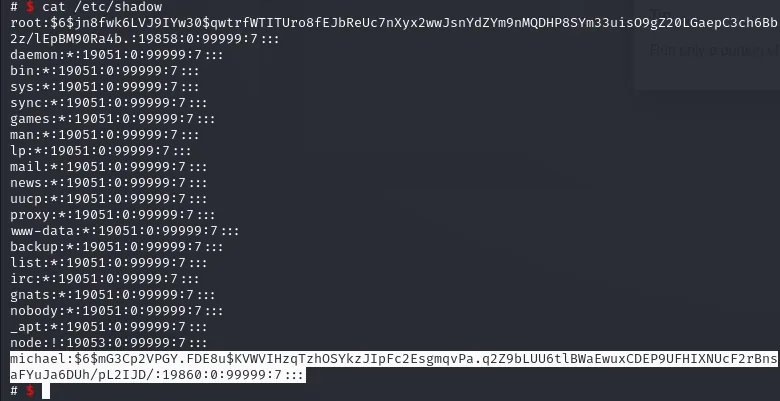 /etc/shadow del contenedor contiene el hash de michael