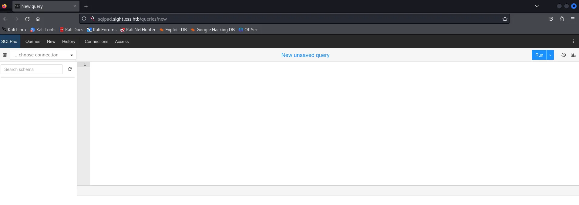 SQLPad presenta su editor de consultas en sqlpad.sightless.htb