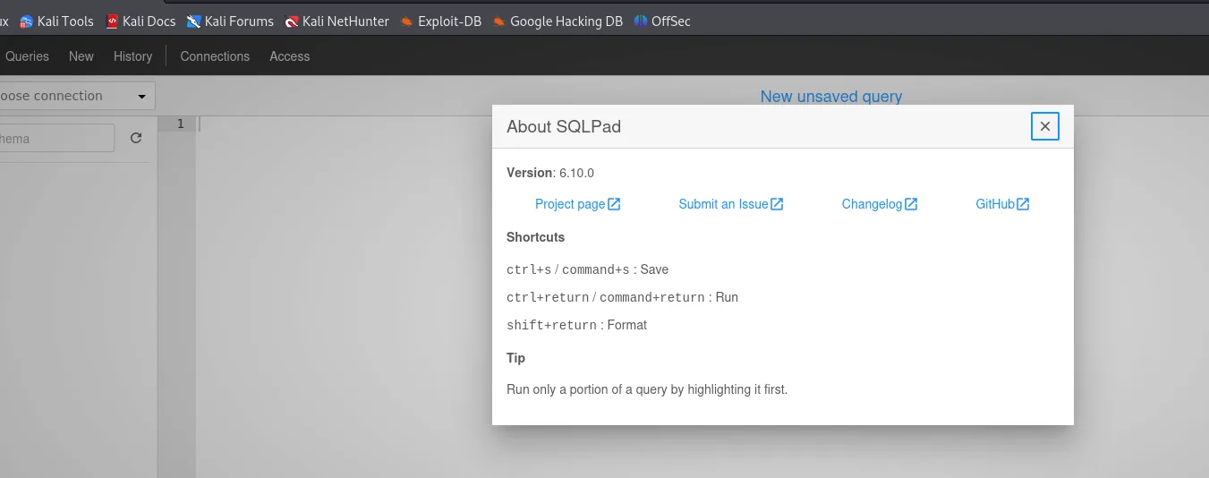 El cuadro About de SQLPad revela la versión 6.10.0