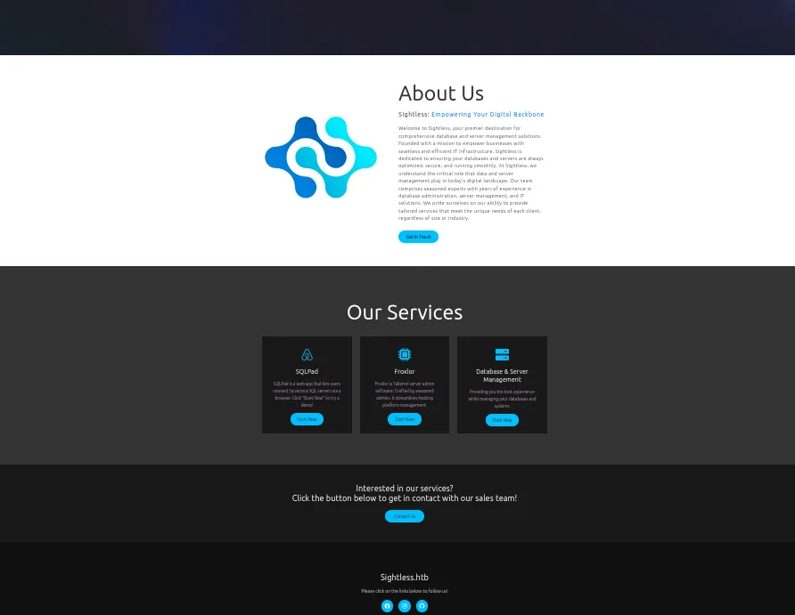 La portada de sightless.htb es una web corporativa estática
