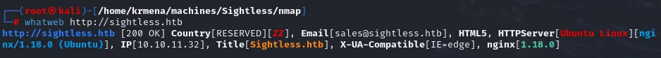 whatweb sobre sightless.htb: nginx y poco más