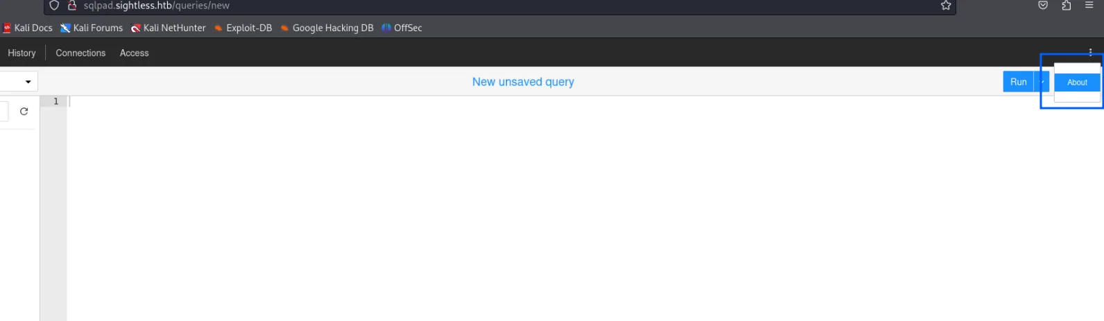 el panel de SQLPad con el menú de tres puntos desplegado y la opción About resaltada