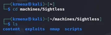 el ls del directorio de la máquina muestra content, exploits, nmap y scripts