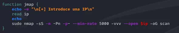la función jmap del .zshrc, que lee una IP y lanza el escaneo SYN completo con salida grepeable