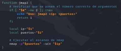 la función jmap2 del .zshrc, que valida los dos argumentos y lanza el escaneo -sCV sobre los puertos indicados