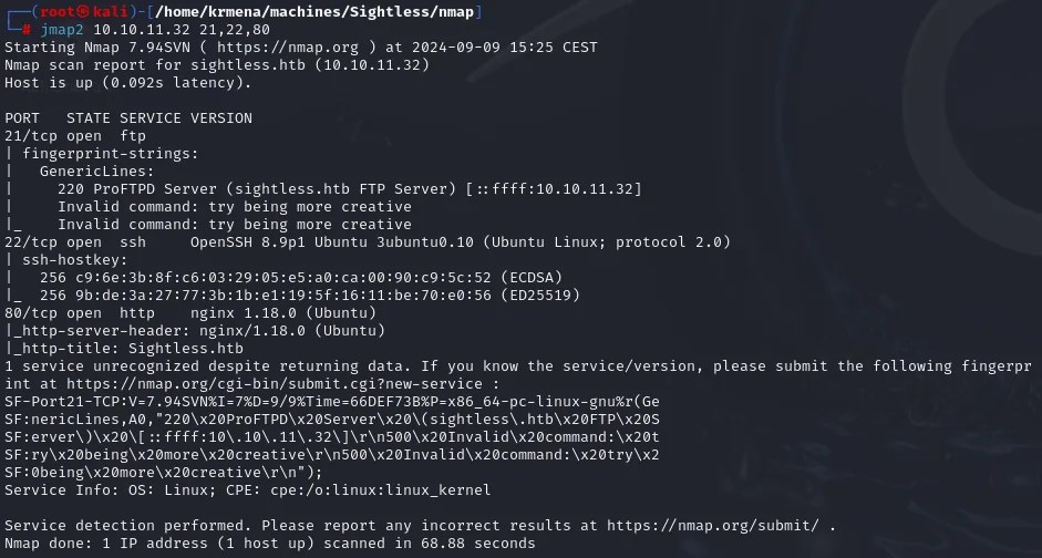 el escaneo de versiones identifica ProFTPD en el 21, OpenSSH 8.9p1 en el 22 y nginx 1.18.0 en el 80, con el http-title Sightless.htb