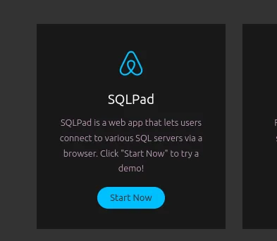 la tarjeta de SQLPad en la portada, con su descripción y el botón Start Now