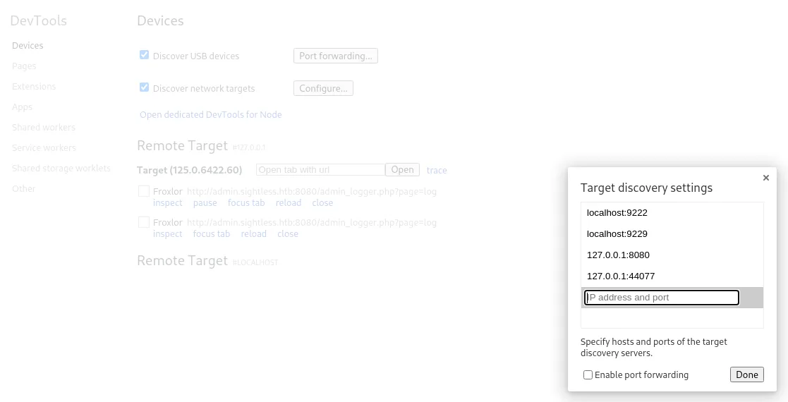 el diálogo Target discovery settings con localhost:9222, localhost:9229, 127.0.0.1:8080 y 127.0.0.1:44077, y detrás dos Remote Target de Froxlor con sus enlaces inspect, pause, focus tab, reload y close