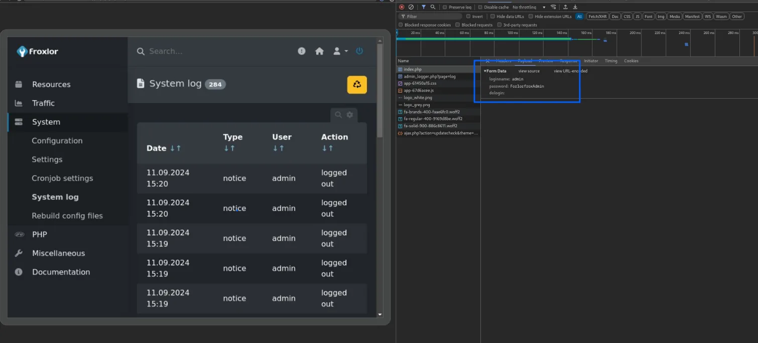 el DevTools remoto sobre el panel de Froxlor, con la peticion index.php seleccionada y el bloque Form Data mostrando loginname: admin y password: ForlorfroxAdmin