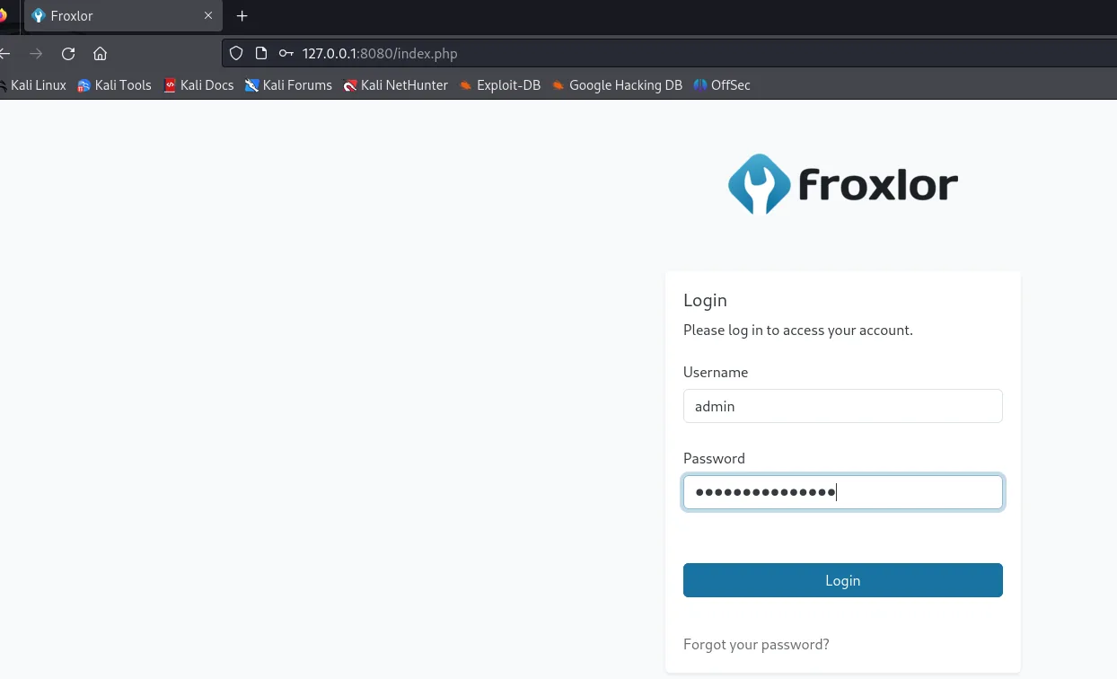 el login de Froxlor en 127.0.0.1:8080 con el usuario admin y la contraseña rellenos