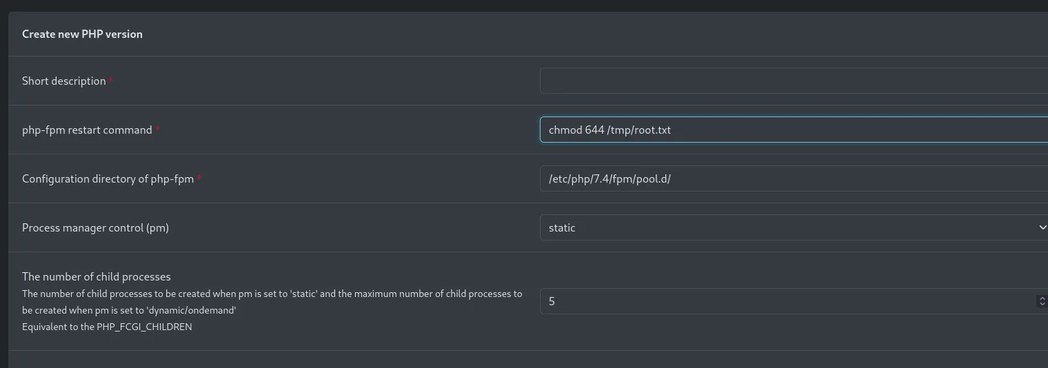 el formulario Create new PHP version con el comando chmod 644 /tmp/root.txt y el mismo directorio /etc/php/7.4/fpm/pool.d/
