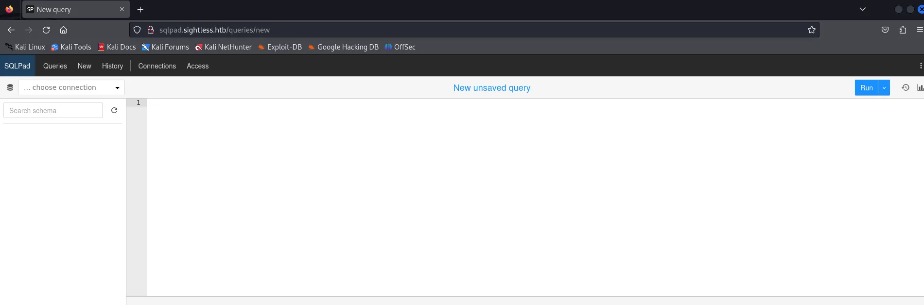 el editor de SQLPad en /queries/new, con el desplegable "... choose connection" vacío y el botón Run
