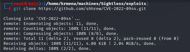 el git clone descarga los 11 objetos del repositorio shhrew/CVE-2022-0944