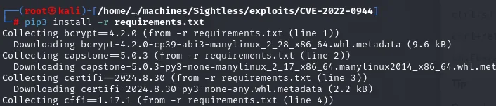 pip3 instala las dependencias del exploit: bcrypt 4.2.0, capstone 5.0.3, certifi y cffi