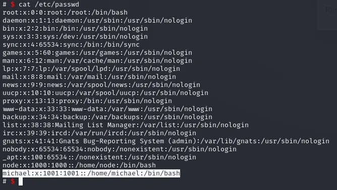 el cat de /etc/passwd del contenedor: usuarios de sistema y, al final, node con uid 1000 y michael con uid 1001, resaltado