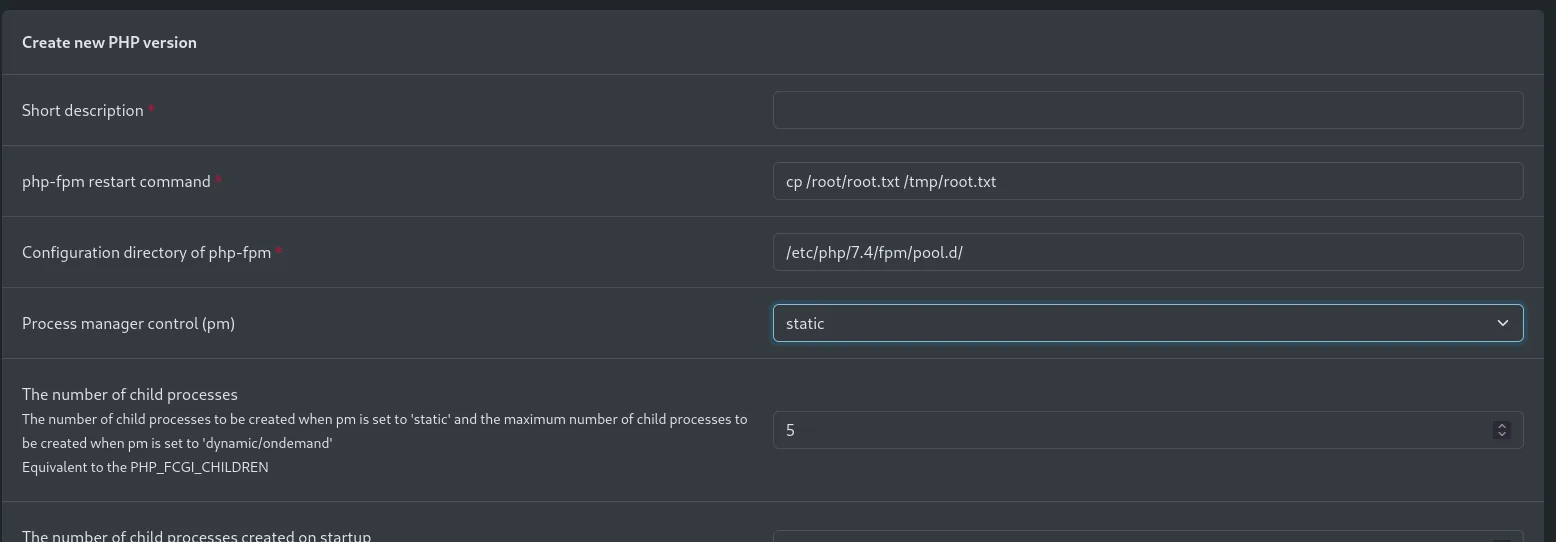 el formulario Create new PHP version con el comando cp /root/root.txt /tmp/root.txt y el directorio /etc/php/7.4/fpm/pool.d/