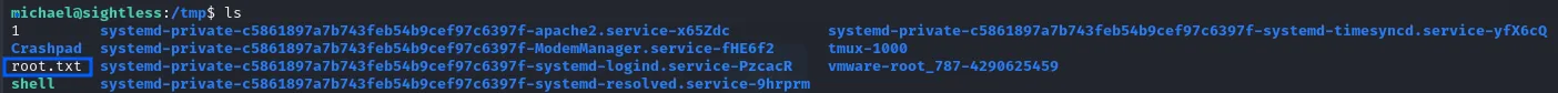 el listado de /tmp muestra el fichero root.txt recién copiado