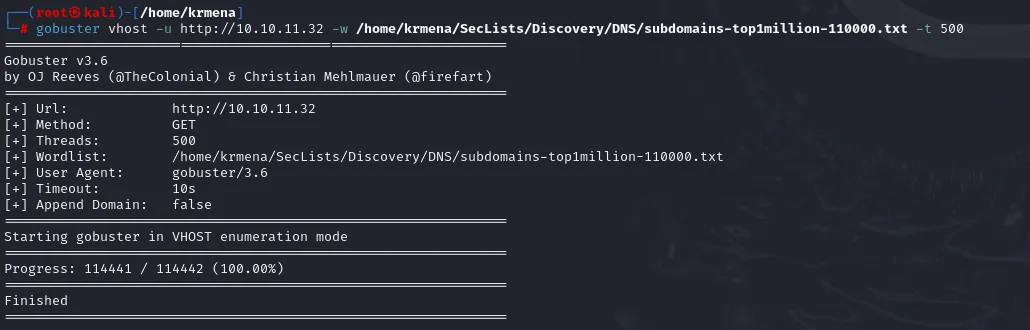 gobuster vhost completa las 114442 palabras del diccionario sin encontrar ningún subdominio