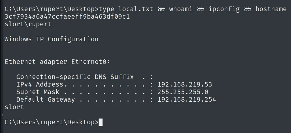 local.txt leída como el usuario rupert en slort