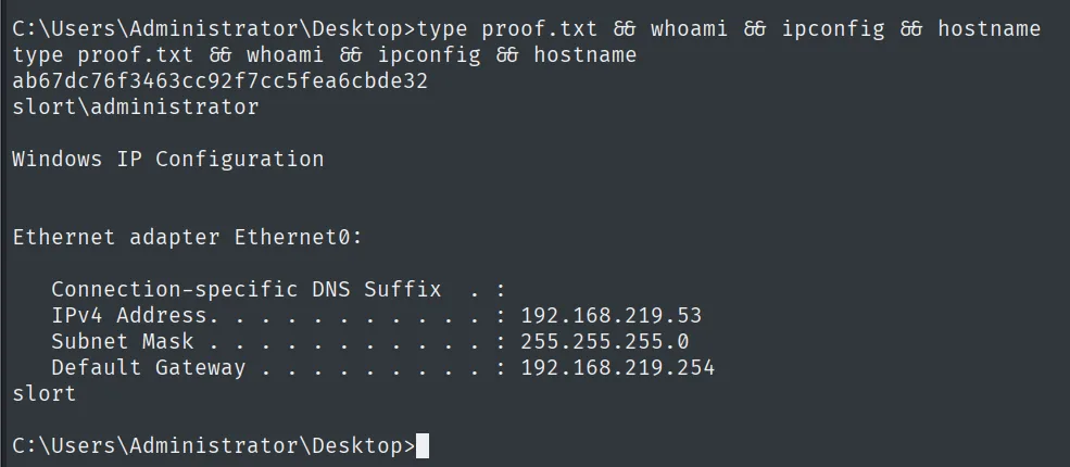 proof.txt leída como administrator en slort