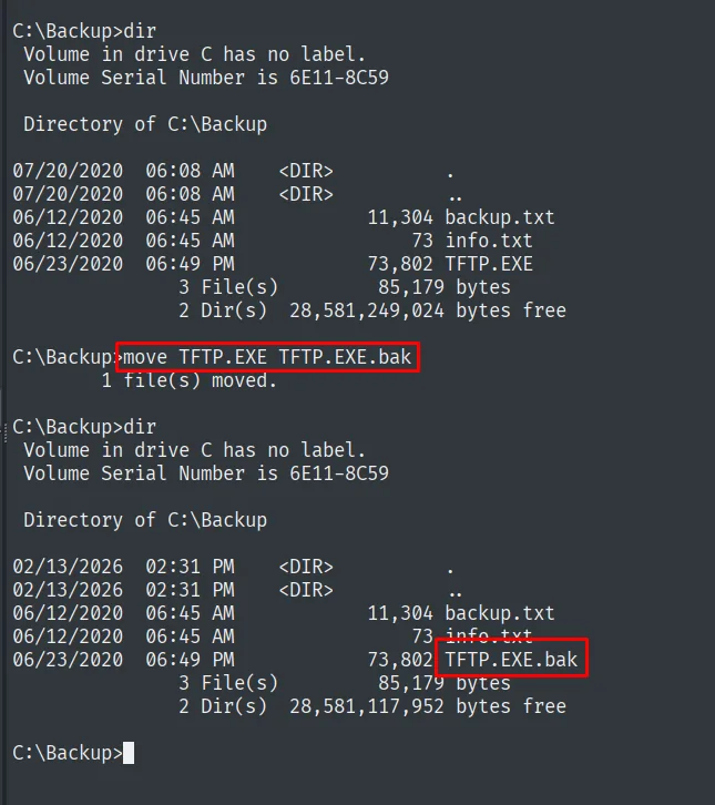 info.txt revela una tarea que ejecuta C:\Backup\TFTP.EXE cada 5 minutos
