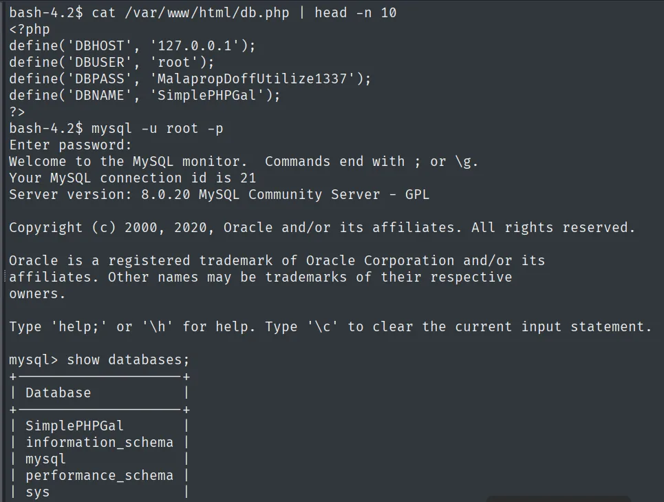 Conexion a MySQL como root, listado de bases de datos y seleccion de SimplePHPGal