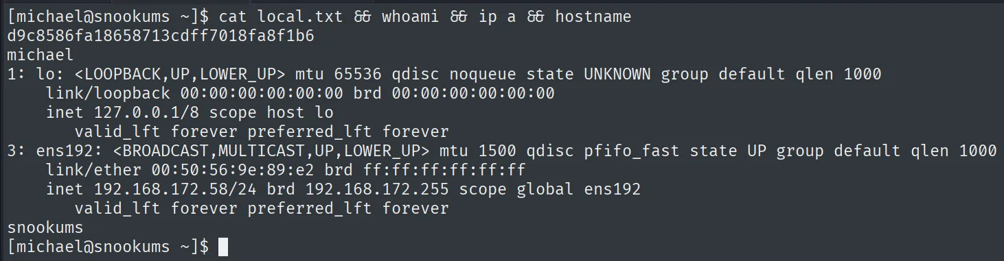 local.txt leido como michael, con whoami michael y la IP de la maquina
