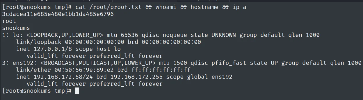 proof.txt leido como root, con whoami root, hostname snookums y la IP