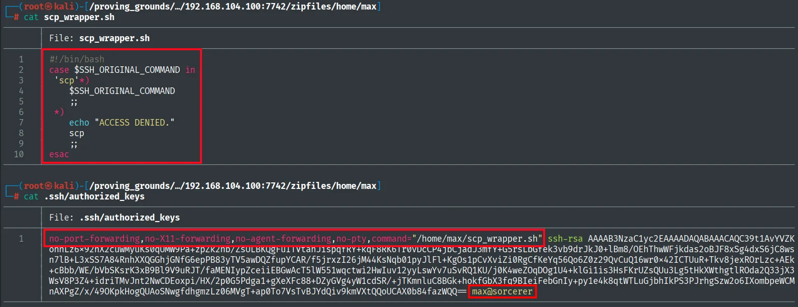 scp_wrapper.sh que solo permite scp y el authorized_keys con command=scp_wrapper.sh