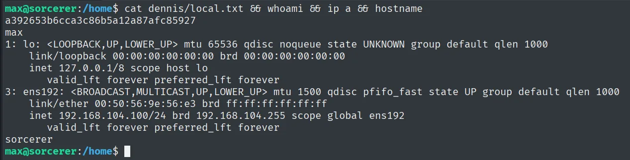 local.txt leido como max en sorcerer, con IP 192.168.104.100
