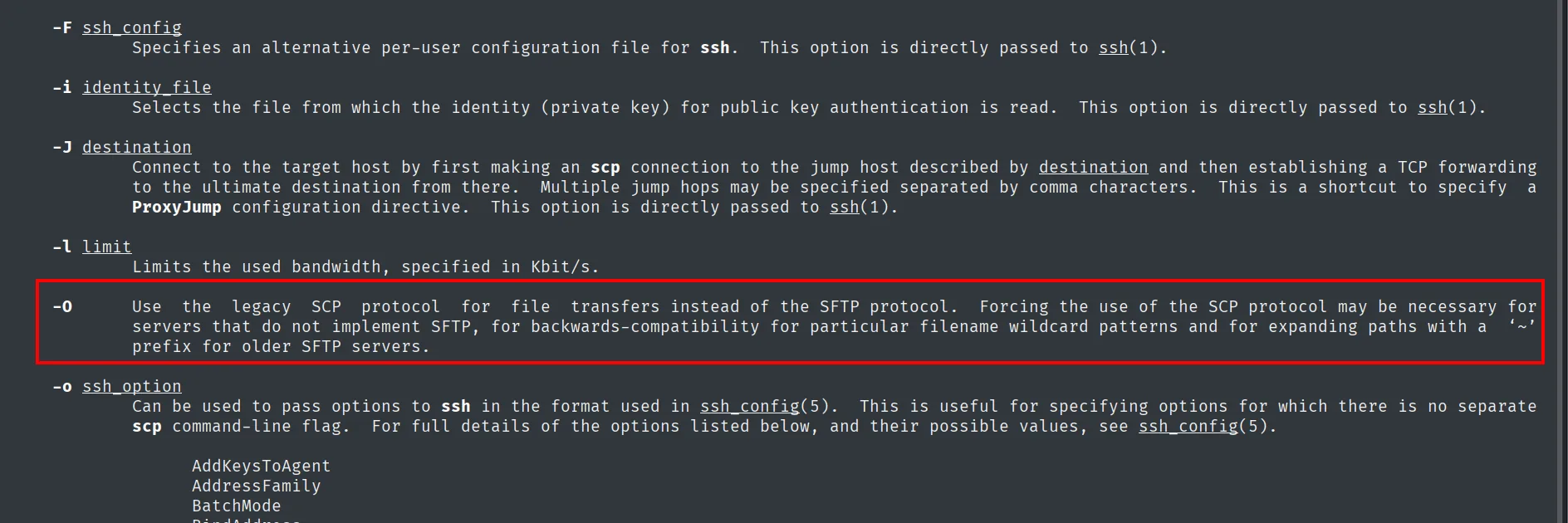 Manual de scp: la opción -O usa el protocolo SCP heredado en vez de SFTP, necesario para servidores que no implementan SFTP