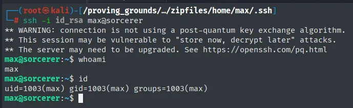 Sesion SSH como max@sorcerer (uid=1003) tras quitar la restriccion del authorized_keys